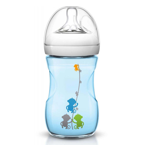 AVENT шише за хранене Natural 260ml PP - синьо + маймунки -за МОМЧЕ 1бр./оп.