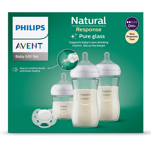 Philips AVENT Комплект стъклени шишета 3 бр. Natural Response и залъгалка Ultra Soft