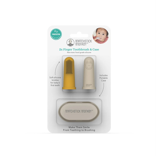 Matchstick Monkey Силиконов напръстник с четка за зъби BioCote® - Yellow & Beige