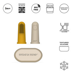 Matchstick Monkey Силиконов напръстник с четка за зъби BioCote® - Yellow & Beige