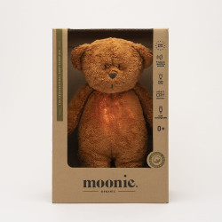Moonie Organic Успокояващо мече с розов шум и нощна лампа - Caramel