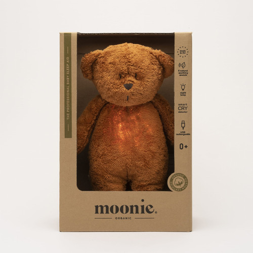 Moonie Organic Успокояващо мече с розов шум и нощна лампа - Caramel