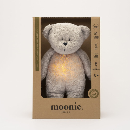 Moonie Organic Успокояващо мече с розов шум и нощна лампа - Gray