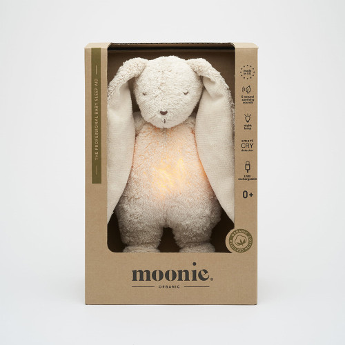 Moonie Organic Успокояващо зайче с розов шум и нощна лампа - Sand