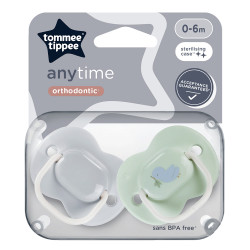 Tommee Tippee Комплект от 2 бр. ортодонтични залъгалки Any Time - сива и зелена, 0-6м
