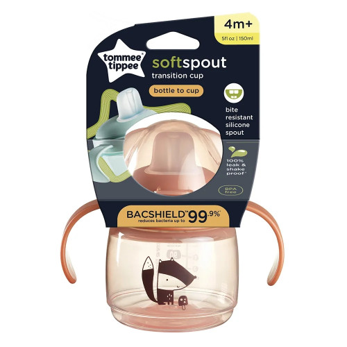 Tommee Tippee Неразливаща се чаша с мек накрайник и дръжки SoftSpout 150 мл, оранжева/лисиче, 4м+