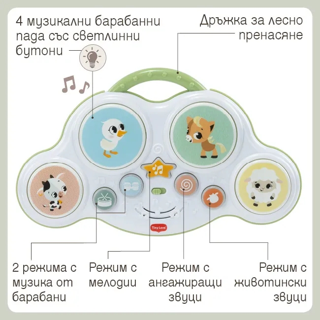 Функции на музикална играчка барабани Tiny Love Musical Drums Farmers Funday – 4 музикални барабанни пада със светлинни бутони, 4 режима на игра с мелодии, 
            барабанни ритми, животински и ангажиращи звуци, удобна дръжка за лесно пренасяне; стимулиране на слуховото, двигателното и сензорното развитие на бебето