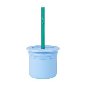 Minikoioi Sip+Snack силиконов комплект сламка и чаша с 2 капака - Blue/Aqua Green