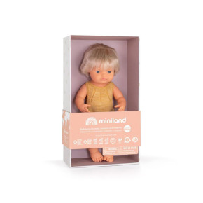 Кукла момиче 38см с къса руса коса и охра гащеризон Miniland 