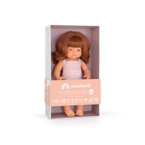 Кукла момиче 38см с червена коса и розов гащеризон Miniland 2
