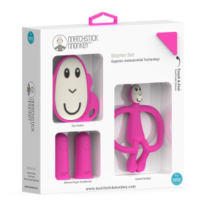 MatchstiaMatchstick Monkey Teething Starter Set комплект силиконови чесалки с антимикробна технология - Pinkck Monkey Teething Starter Set комплект силиконови чесалки с антимикробна технология - Pink